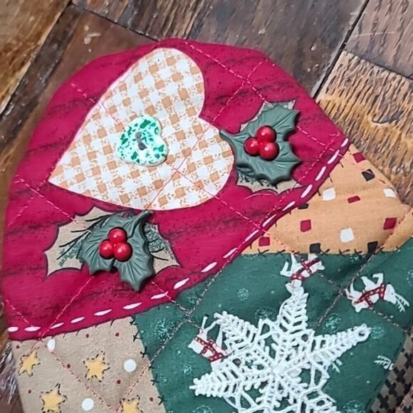 Vintage Christmas Patchwork Reindeer Snowflake Holiday Stocking Red Green - Picture 6 of 8